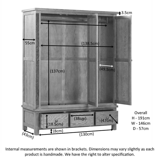 Derwent Triple Wardrobe with 3 Drawers