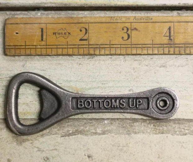 Antique Iron Hand Held Bottle Opener, Bottoms Up