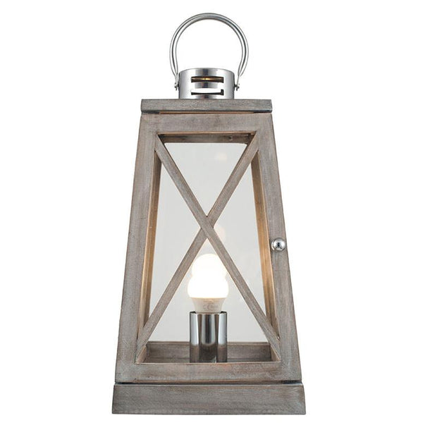 Grey Wood and Chrome Lantern Table Lamp