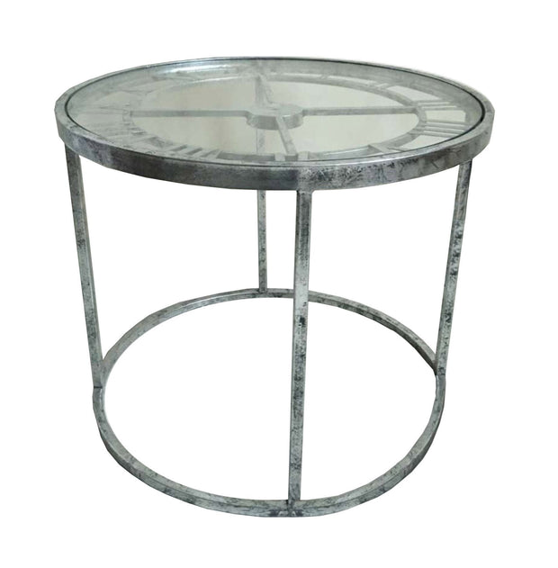 Antique Silver Metal Round Clock Side Table